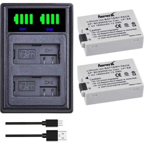 AsperX 2Pcs LP-E8 LP E8 LPE8 Camera Batteries + LED USB Dual Charger for Canon EOS 550D 600D 650D 700D T2i T3i T4i T5i