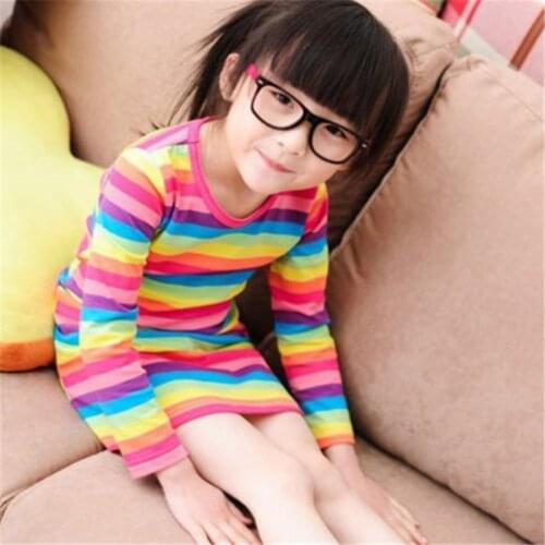Free shipping Kids Baby Girls Dress round neck Rainbow Striped Long Sleeve newborn Toddler Party cotton Mini Dresses one pieces