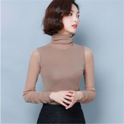 Shiny Lurex Elasticity Long Sleeve Shirt Women Blouse 2021 Fashion Ladies Clothes Turtleneck Casual Tops Womens Blouses Shirts
