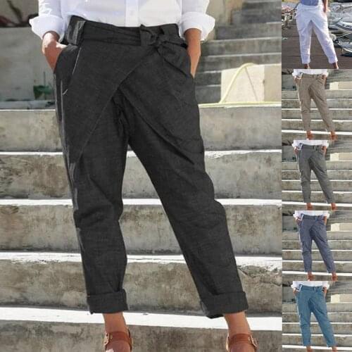 Fashion Womens Solid Color Bow Self Cultivation Pocket Leisure Time Trousers Pure color summer comfortable ladies pants