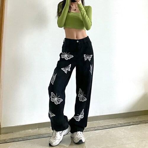 Butterfly Print Black Jeans Women Casual Harjauku High Waisted Denim Pants Ladies Punk Streetwear Trousers Female