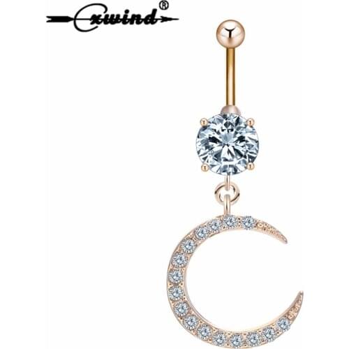 Cxwind Cute Water Drop Zircon Moon Dangle Button Barbell Belly Navel Piercing Ring Bar Body Piercing Rings Women Nombril Jewelry