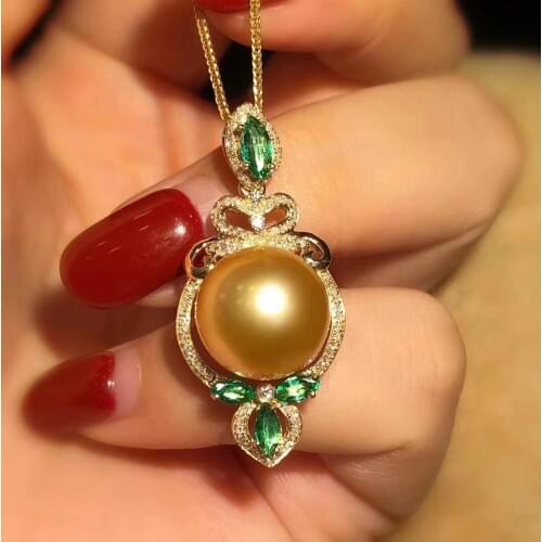 D123 Fine Jewelry 18K Gold Diamonds Natural Ocean Sea Golden Pearl 14-13mm Pendants Necklaces for Women FIne Pearls Pendants