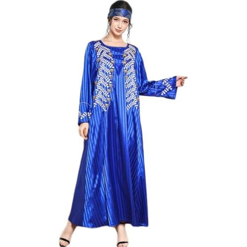 Dubai Abaya Stripes Muslim Women Long Dress Embroidery Arab Jilbab Turkish Ethnic Vintage Long Sleeve Autumn Kaftan Maxi Robe