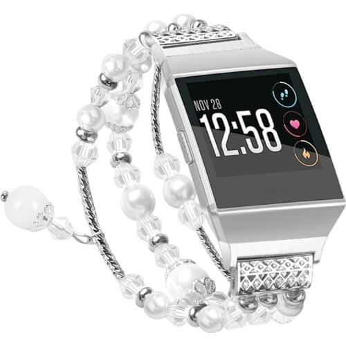 Elegant bangle for Fitbit Ionic bands Replacement Pearl Diamond Metal Strap,Silver Color,No including the tracker