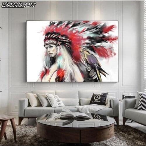 Canvas Painting Wall Art Picture on The Wall Watercolor Indian Girl with Parrot Decorative Living Room Decoration Wall Pictures