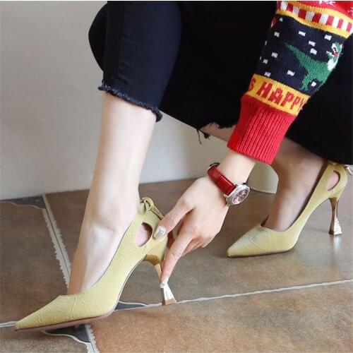 Classics Ladies Office High Heels Women Hollow Black White Yellow Pumps Sexy Pointed Toe Stiletto Kitten Heels Fashion Shoes