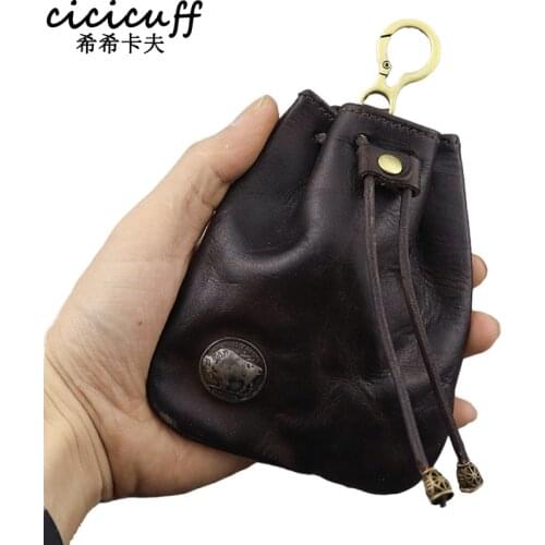 Genuine Leather Coin Purse Men Change Purse Drawstring Closure Card Holder Key Holder Wallet Portable Earphone Storage Small Bag
