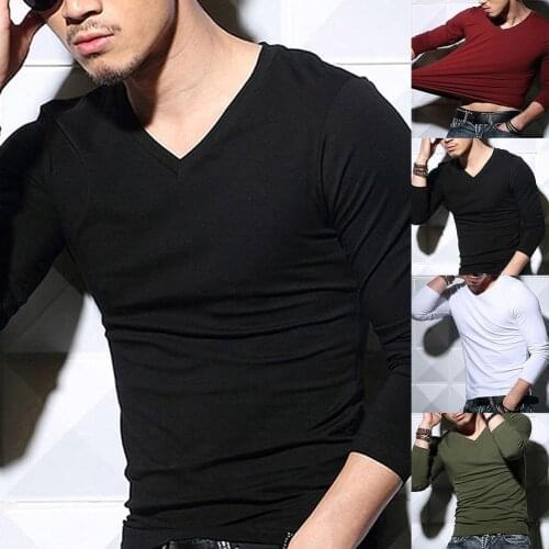 Casual Men Solid Color Long Sleeve V Neck Cotton Pullover Plus Size Slim T-shirt perfect gifts for men on birthday