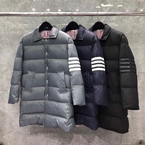 2021 Fashion Brand Men Down Coats Slim Fit Formal Long Down Jacket Striped Solid Black Thick Casual Winter Clothing
