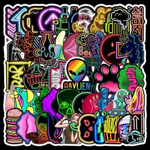 53pcs Cartoon Neon Lights Stickers for Laptop Car Phone Computer Luggage Bike Motorcycle Cartoon Pvc Adesivi Waterproof Sticker