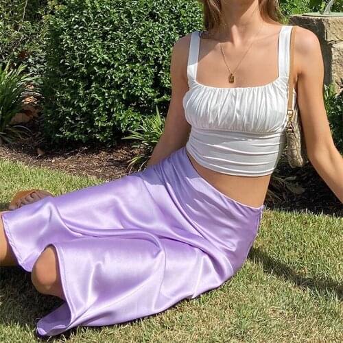 Solid Purple Satin Silk Skirt Women High Waisted Summer Long Skirt New 2020 Elegant Ladies Office Skirts Midi Spring
