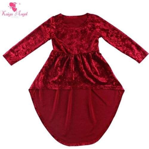 Kaiya Angel Toddler Girls High Low Dress Children Long Sleeve Fall Plum Velvet Outfit Princess Boutique Wedding Party Clothes