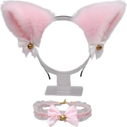Furry Cat Ear Headband+Lace Necklace Choker with Bell set Cosplay Lolita collar necklet Fur Hair band hoop pink