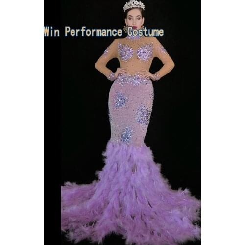 Purple Pearls Long Feather Elegant Dress Long Tail Women Singer Dancer Outfit Bar Birthday Celebrate Stage Prom Evening Dress