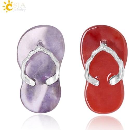 CSJA Natural Stone Slipper Pendants Flip Flop Shoe Fit for DIY Necklace Flat Bead Purple Crystal Red Onyx Pendant Women Men F332