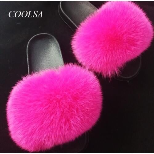 Summer Ladies Real Fox Fur Fluffy Slippers Womens Lovely Plush Slides Furry Beach Flip Flops Womens Indoor Plush Sandals