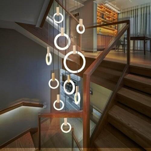 Post Modern Nordic Wood Hanging Light LED Hanglampen Living room Stairs Hotel Bar Circle Round Acrylic Pendant Lights