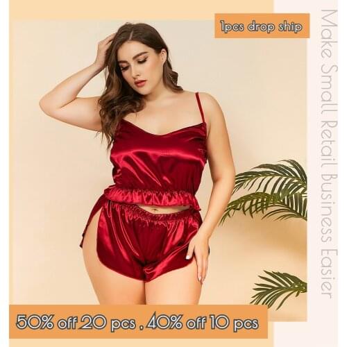 Plus Size Frill Trim Cami Top With Split Side Shorts Sexy Sleepwear Wholesale Pajamas Women Silk Homewear CT Market