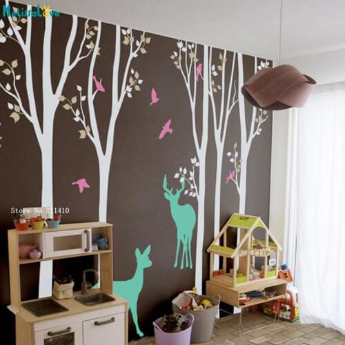 Custom Color Baby Nursery Wall Decals Birch Trees Decals Home Decoration Vinyl Art Murals With Deer And Birds Gift YT4681