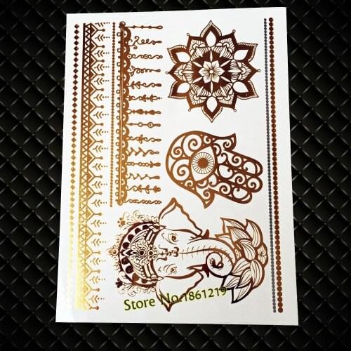 25 Styles Waterproof Flash Hamsa Hand Tattoo Gold Elephant Mandala Flower Tatoo Body Art Fake Metallic Temporary Tattoo Stickers