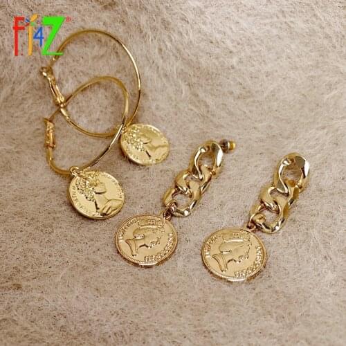 F.J4Z Hot Vintage Coin Earrings for Woman Golden Alloy Goth Earrings Ladies Statement Christmas Gifts Dropship
