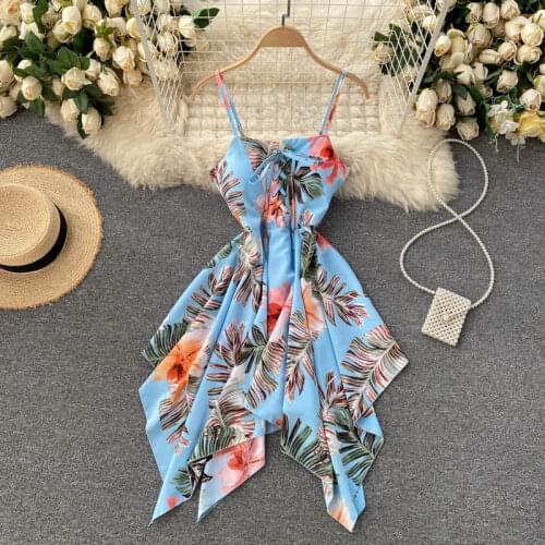 Beach Vacation Vestidos Womens Summer Dress 2021 New Square Collar Irregular Fashion Print Suspender Beach Midi Dress GK845