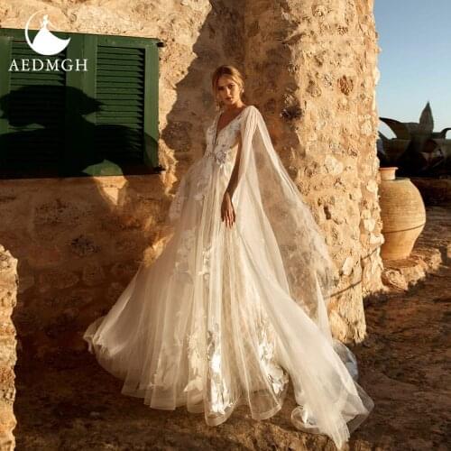 Aedmgh A-Line Simple Wedding Dresses 2021 V-Neck Sleeveless Ribbon Vestido De Novia Lace Appliques Backless Beach Bride Dress