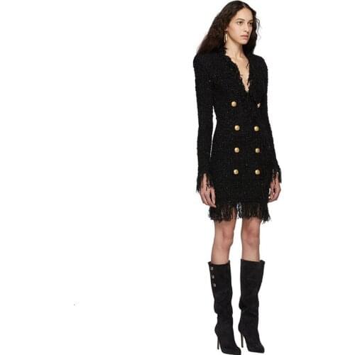 2020 Autumn Winter Tweed Wool Dress Women Long Sleeve Runway Designer Woolen Clothes V Neck Tassels High Quality Dresses Female