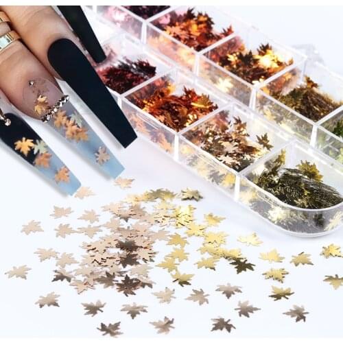 12Colors Golden Red Maple Leaf Sequins For Nail Art Glitters Flakes 3D Nail Charms DIY Manicure Design Nails Decorations 2021