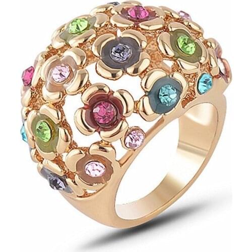 Shiny Gold Color Hollow Little Flower Colorful Rhinestone Chunky Rings of Women Girls Party Jewelry