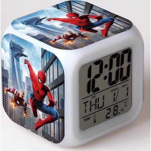 Marvel The Avengers Cartoon Anime Alarm Clock Spider-Man: Homecoming Colorful LED Electronic Calendar Thermometer Clocks Gifts