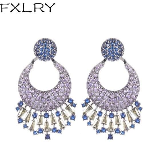 Fxlry Luxury Purple Cubic Zircon Big Tassel Drop Earrings For Women Wedding Bridal Jewelry
