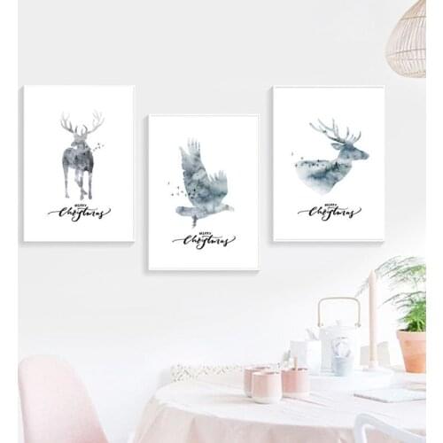 Merry Christmas Cartoon Animal Silhouette Elk Bird And Black Letters Canvas Painting Wall Picture Poster Living Room Decoration