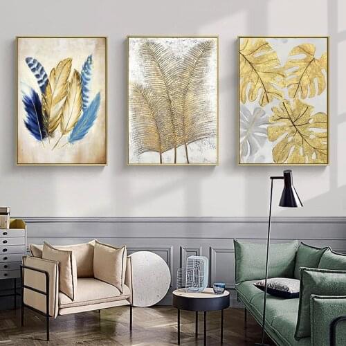 Golden Feather Leaf Painting Fashion Poster Printing Canvas Wall Art Living Room Background Decorative Painting Mural Prints