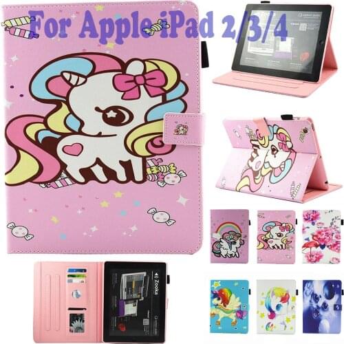 Fashion Cartoon Print Unicron Flip Cover For Apple ipad 2 3 4 case For iPad 3 iPad 4 Tablet Funda Owl Cat Pattern Stand Shell