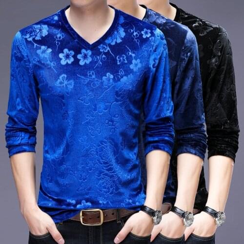 New 2017 Autumn & Spring Mens Fashion Floral Gold Velvet T Shirts Male Casual V-Neck Long Sleeve Velvet T shirt