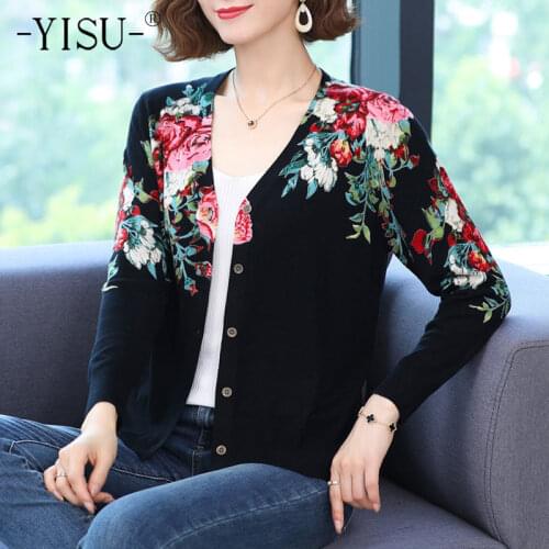 YISU New Womens clothing Cardigans Sweater V-Neck printing Knitted Coat Cardigan Single Breasted Casual Knit Jacket Sweater