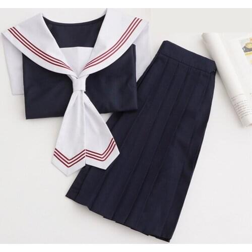 2019 new Japanese school uniforms sailor tops+tie+skirt Navy style Students clothes for Girl Plus size Lala Cheerleader clothing