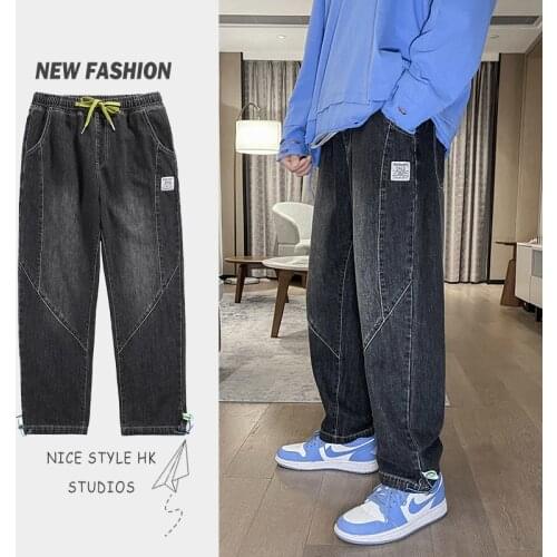 New autumn Mens baggy jeans Korean style Streetwear Stretch-waist straight-leg jeans Oversized 4XL 5XL Tie feet Trousers Male