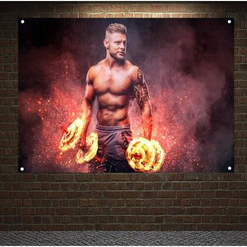 Fire Muscular Man Exercising With Dumbbell Exercise Poster Wall Art Handsome Shirtless Tattooed Bodybuilder Banner Gym Decor