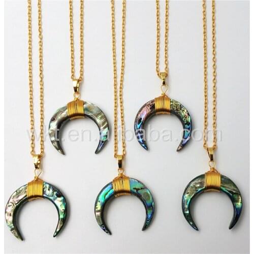 WT-N810 Wholesale Natual gorgeous sparkly high quality Abalone shell crescent horn necklace, wire wrapped abalone horn necklace