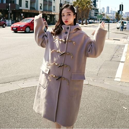 Long Wool blends coat female Korean 2019 new hooded horn buckle woolen coat winter women loose oversized excellent windbreaker
