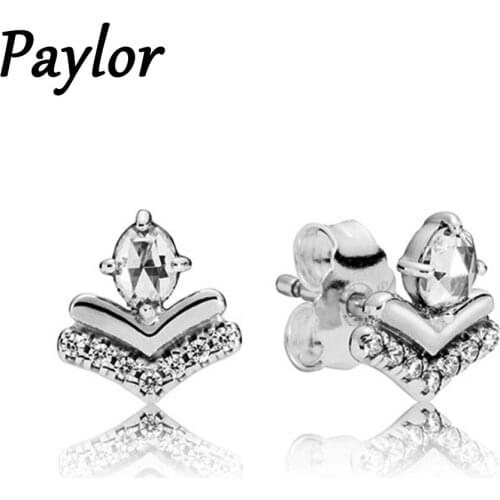 Paylor Trendy Silver Color Clear CZ Zircon Shine Crown Stud Earrings for Women Cute Earrings for Girl Jewelry