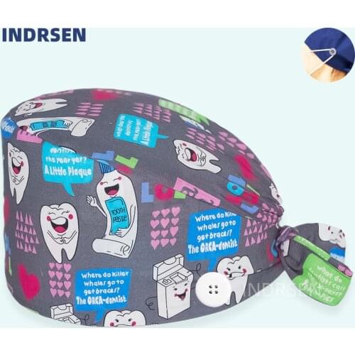 Dentist Scrub Cap Pure Cotton Tooth Printed with Buttons Dustproof Absorb sweat Hat Dental Lab Vet Working Bouffant Caps