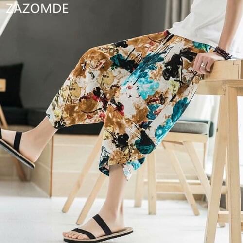 ZAZOMDE Men New Retro Printing Loose Shorts linen Beach Sweat shorts Casual Traditional Japanese Floral Short Cropped Trousers