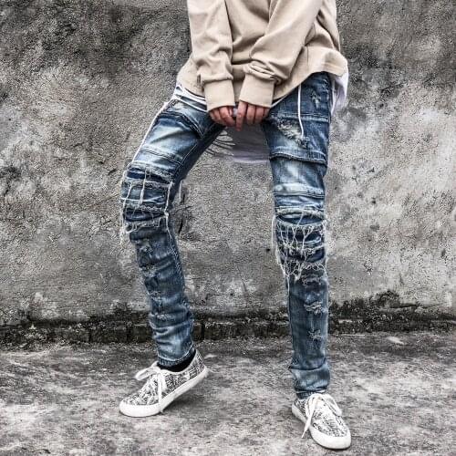 Severe worn Ripped vintage wash blue jeans Pleated skinny motorcycle biker jeans couple men hip-hop street denim trousers