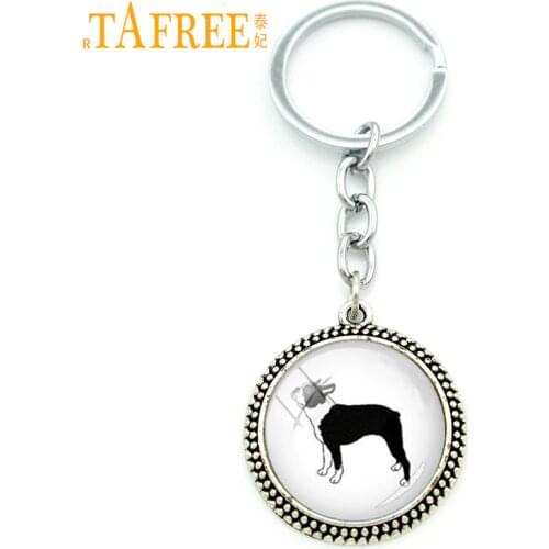 TAFREE Cute animal jewelry Dog keychain Boston terrier animal profile art pendant key chain ring childrens day gift KC309