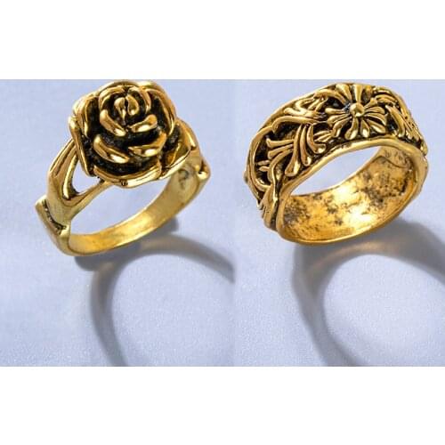 Vintage Antique Gold Rose Flower Couple Ring Boho Engagement Wedding Statement Rings For Women Men Jewelry Accessories