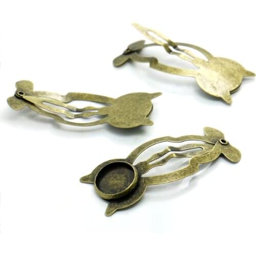 10pcs with inner 12mm Wholesale Bronzed Color Cat-Shaped Barrette Hair clip Jewelry Bezel Tray for Glass Cabochon 50mm Long